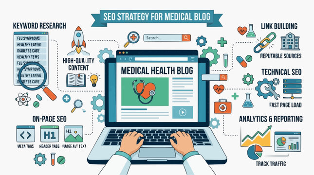 SEO Strategy for Medical Blog: An illustration showcasing a comprehensive SEO strategy for a medical health blog.