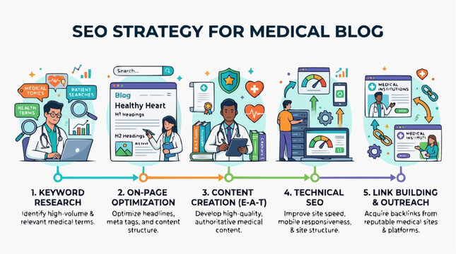 SEO Strategy for Medical Blog: An informative visual guide, outlining the key steps in optimizing a medical blog's search engine presence. 