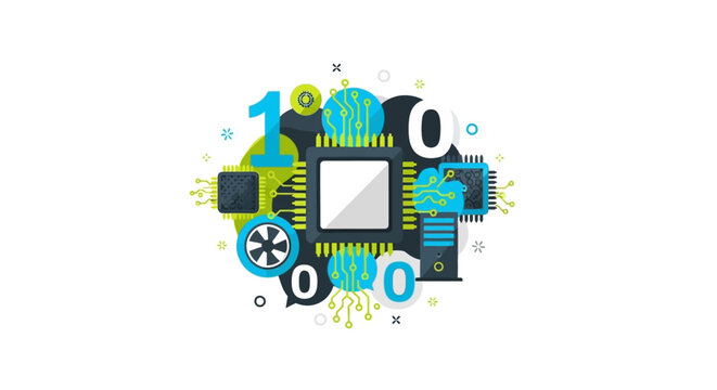 Abstract Technology Concept Illustration with CPU Microchip, Binary Code, Cloud Computing and Digital Infrastructure Icons for Web Design and IT Services