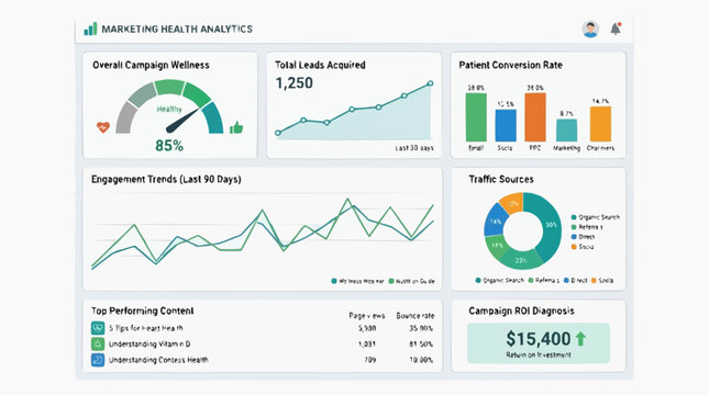 Marketing Analytics Dashboard: An insightful dashboard presents key marketing analytics, offering a clear visual representation of data points such as campaign delivery, lead acquisition.
