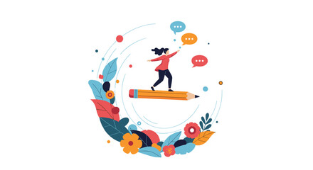 Fototapeta premium A woman balances on a flying pencil like a surfboard surrounded by flowers and speech bubbles symbolizing creative writing.