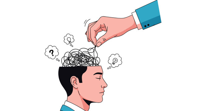 A large hand untangles a mess of thread inside a man's head symbolizing therapy psychological help and problem solving.