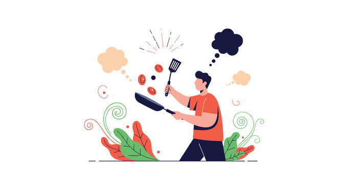 A young man skillfully flips food in a pan while cooking with thought bubbles above his head showing his creative process.