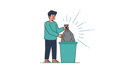 Fototapeta premium Smiling young man responsibly taking out the trash by placing a full gray garbage bag into a green outdoor dustbin at home.