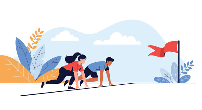 Man and woman in a ready position at a starting line to compete in a race toward a finish line flag for a business goal.