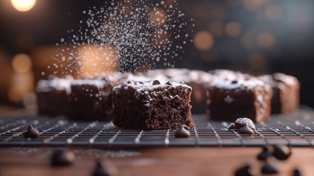 Chocolate brownies dusted with powdered sugar on a wire rack.