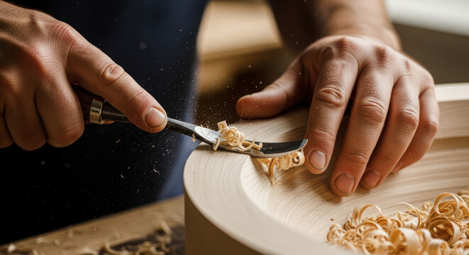 Woodworker meticulously shaping wood with a chisel in a workshop.