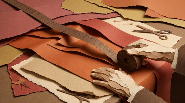 Seamstress measuring fabric with ruler on colorful paper background  