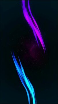 Abstract swirls of neon blue and magenta dance against a dark backdrop, creating a vibrant and energetic display, accented with tiny, sparkling particles for added depth.
