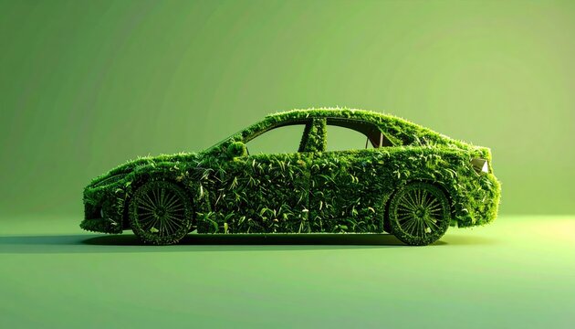 Eco friendly sedan car model covered in lush green vegetation concept