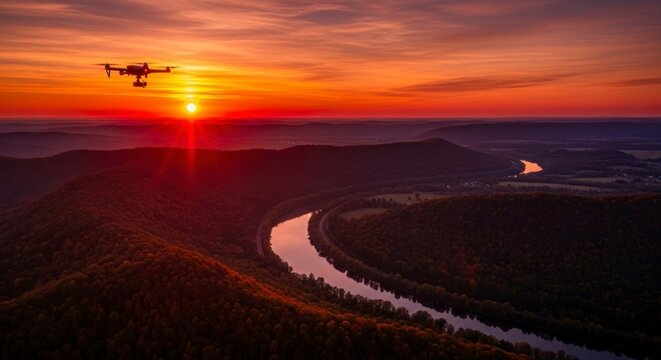 Drone boven een schilderachtige rivier bij zonsondergang, dramatische lucht en landschapsfotografie.