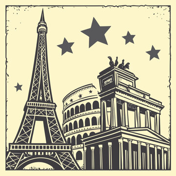 Vintage european landmarks illustration with eiffel tower colosseum brandenburg gate colosseum landmark illustration architecture
