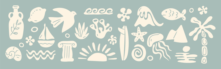 Summer boho element set. Hand drawn sea, palm tree, seashells, sun, flowers, vase, wave, bird, tropical leaves in naive style. Tropical print, ocean travel  and vacation beach. Vector illustration. © Loya.art