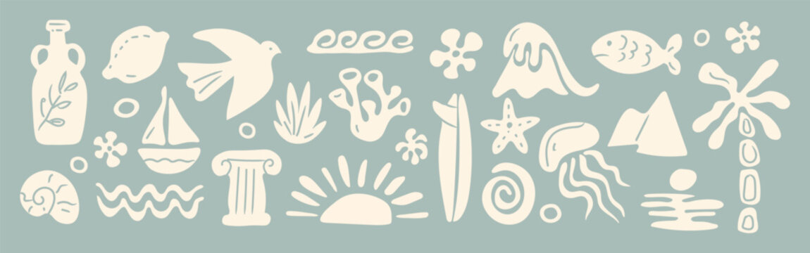 Summer boho element set. Hand drawn sea, palm tree, seashells, sun, flowers, vase, wave, bird, tropical leaves in naive style. Tropical print, ocean travel  and vacation beach. Vector illustration.