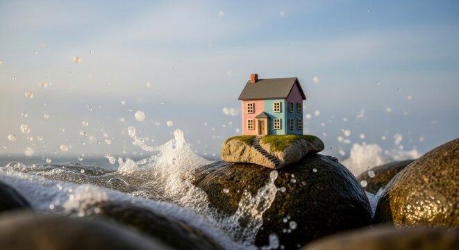 Miniatuurhuisje bovenop rotsen te midden van oceaangolven onder een heldere hemel.