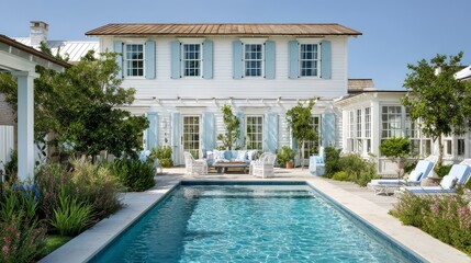 Fototapeta premium Coastal-Style Luxury Home with Pale Blue Shutters and Bright Backyard Pool, Authentic Materials and Natural Lighting for Realistic Summer Property Photography