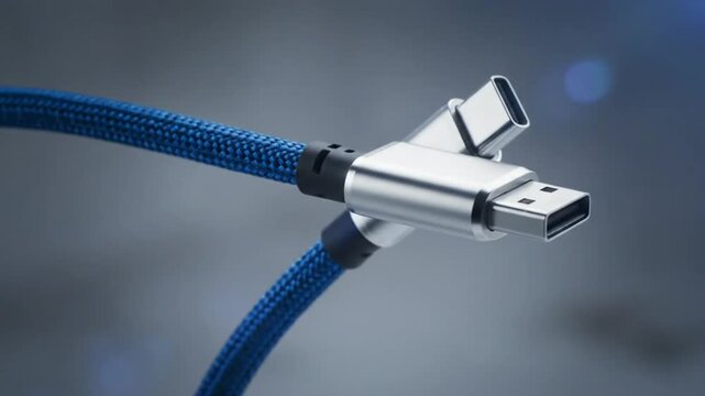 Close up view of USB cable and USB-C connectors with blue woven design, modern technology concept
