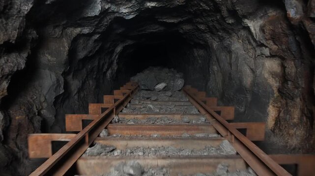 Mining cart carrying heavy raw stones moving quickly through a dark underground tunnel sequence captured in cinematic 4k video footage showing continuous motion during the extraction