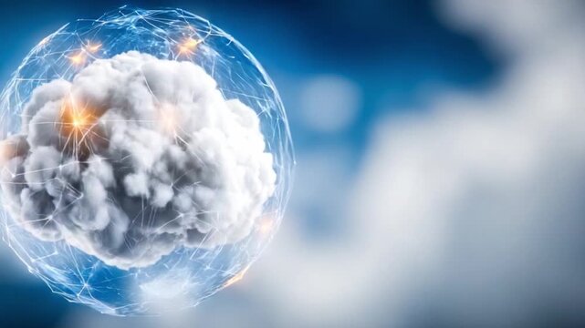 Cloud Computing: A stylized 3D rendering of a fluffy white cloud encased in a digital sphere, representing the concept of cloud computing and data storage.