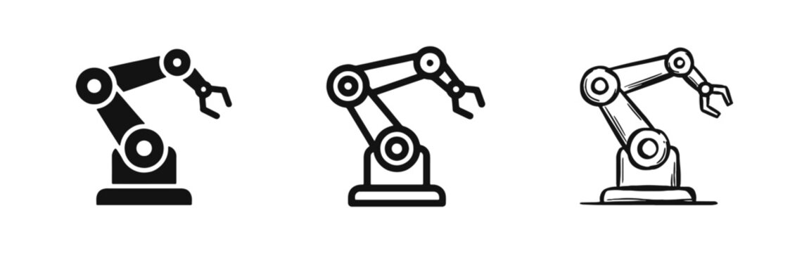 Industrial Robotic Arm Automation Icon Set in Solid, Outline, and Sketch Styles