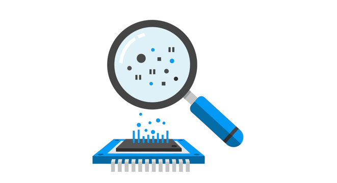 Magnifying Glass Inspecting Microchip for Data Analysis and Digital Forensics Flat Vector Illustration