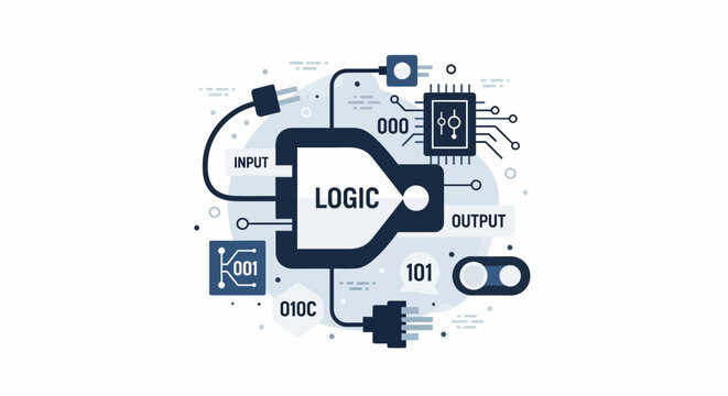 Abstract Digital Logic Gate Illustration with Input and Output Concepts, Electronic Circuit Design for Computer Science and Engineering