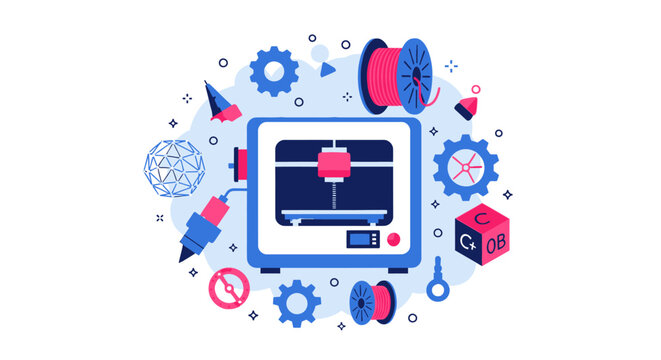 3D Printing and Additive Manufacturing Vector Concept with Filament, Gears, and Geometric Prototypes in Modern Flat Illustration Style