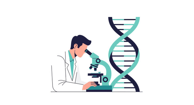 Scientist Researching Genetic Data with Microscope and DNA Helix Illustration