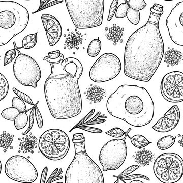 Hand drawn mayonnaise sauce seamless pattern vector in engraving sketch style. Detailed background for sauce packaging, condiment labels, food branding, menus and culinary design. Vector drawing