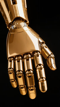 Close up a golden robot hand down postion , isolate , black background.