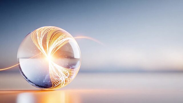 Mystical Crystal Ball with Glowing Energy: A clear crystal ball sits on a reflective surface, capturing and amplifying ethereal golden light streaks within its sphere, symbolizing destiny, magic.