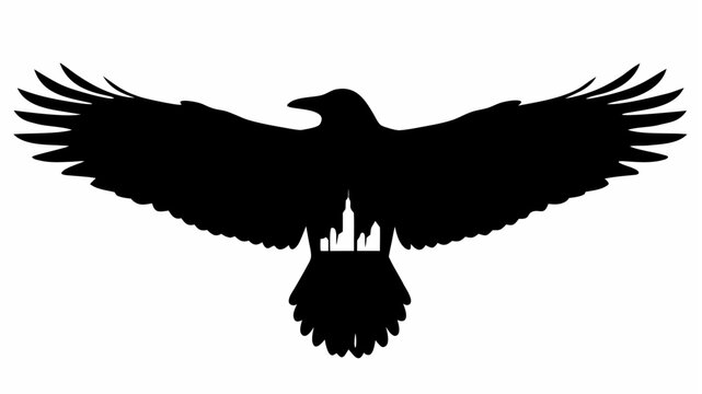 A crow silhouette flying with a glowing city skyline in its talons against a white background