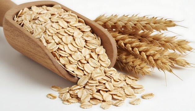 Rolled Oats in a Wooden Scoop with Wheat Stalks on White Background