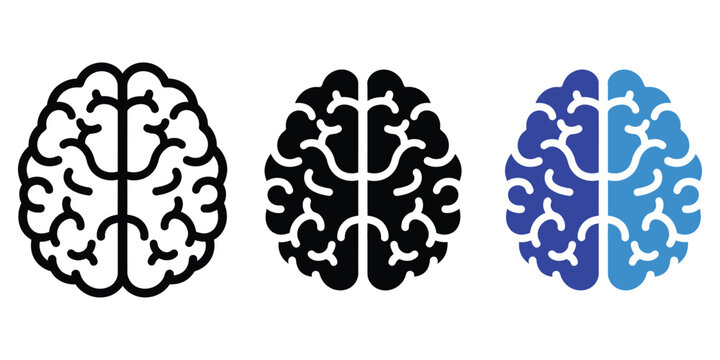 Set of three human brain icons in black and blue colors Vector
