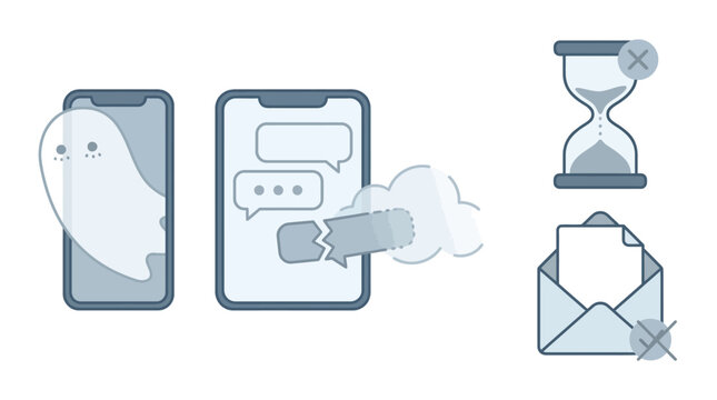 Icons representing digital communication issues, privacy, time limits, and message delivery failures.