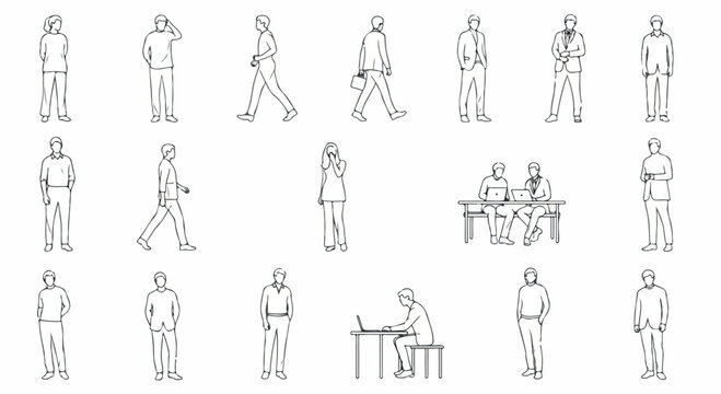 Minimalist architectural line drawings of people, set of 18 vector human figures in various poses, black and white outline sketches for scale