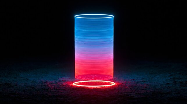 Luminous Neon Light Cylinder Glowing Blue and Red in Dark Space
