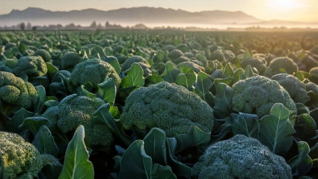 firmness. Vast field of green broccoli under soft morning sunlight with dew. gardening catalogs, home-decor guides, designed for home decor and floral branding, enhances decor appeal.