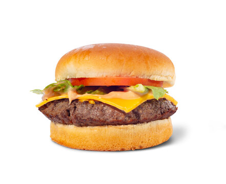 Classic cheeseburger with lettuce and tomato isolated on white background