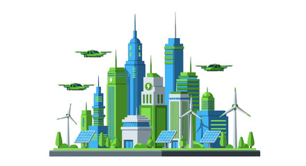 Obraz premium Futuristic Green Smart City with Sustainable Infrastructure, Renewable Energy, Solar Panels, Wind Turbines and Flying Electric Vehicles Vector Illustration on White Background