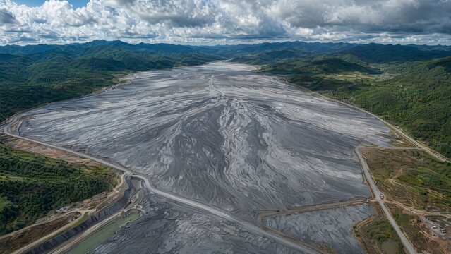 tailings. A vast, fan-shaped field of grey mine tailings contrasting with distant green hills. ESG reports, sustainability campaigns, designed for sustainability communications and ESG reporting.