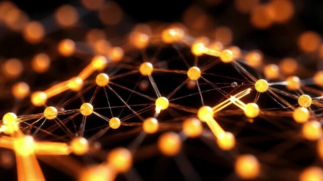 Glowing orange neural network connections, data flow and brain synapses concept