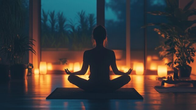Silhouetted woman meditating in a tranquil, modern interior, bathed in warm candlelight, with a view of lush greenery outside.