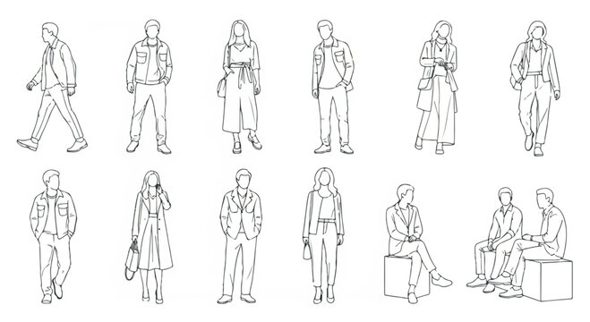 Minimalist line art people silhouettes, set of 12 architectural scale figures in casual poses, black and white outline vector drawings for rendering