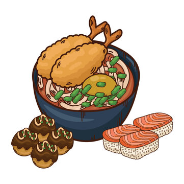 Illustration of udon noodles, sushi and takoyaki, Japanese food, restaurant food, street food, Japanese food icon
