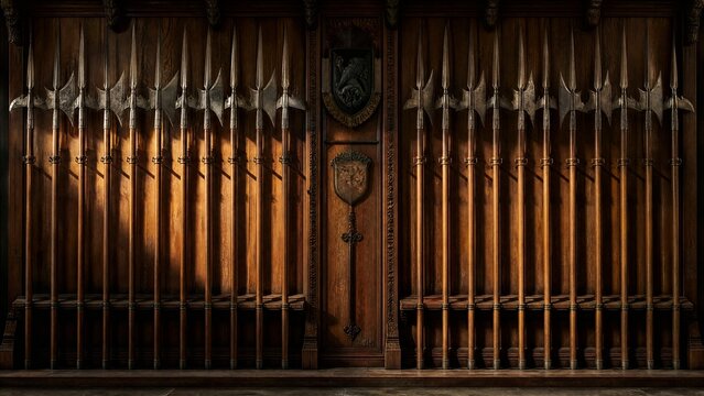 halberds. An armory interior with rows of halberds racked, creating rhythmic shadow patterns. event programs, museum guides, designed for cultural heritage projects and event programs.