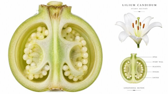 ovules. Macro view inside a white lily's ovary showing tiny ovules. gardening catalogs, home-decor guides, designed for home decor and floral branding and gardening and botanical catalogs.