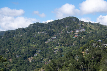 Fototapeta premium Mountain town Ella in Sri Lanka. Hotels and houses on a lush green hillside among tropical forest under a blue sky.