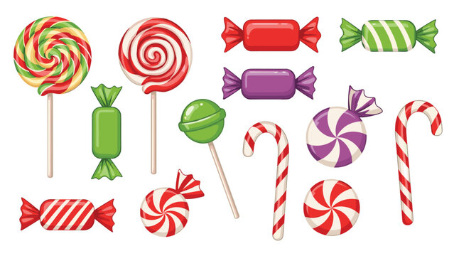 Collection of colorful sweet treats including various lollipops, hard candies, and candy canes on a white background.