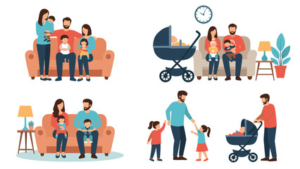 Fototapeta premium Collage showing various happy family scenes including relaxing on sofa, playing with children, and taking walk with stroller.